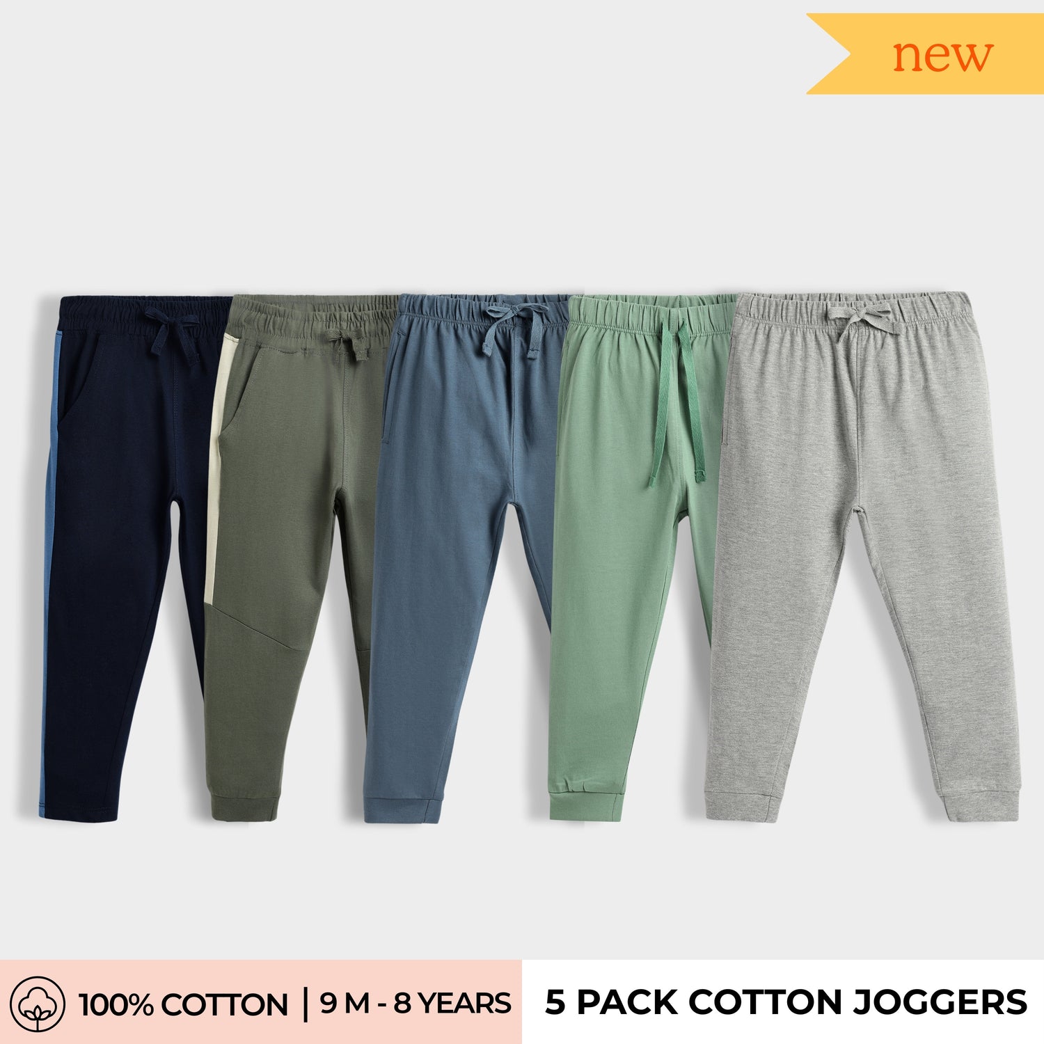 5 Pcs Cotton Joggers | Colour Block Blue & Olive, Air Force Blue, Green, Melange Grey