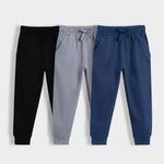 3 Pcs Cotton Joggers | Black, Grey, Blue