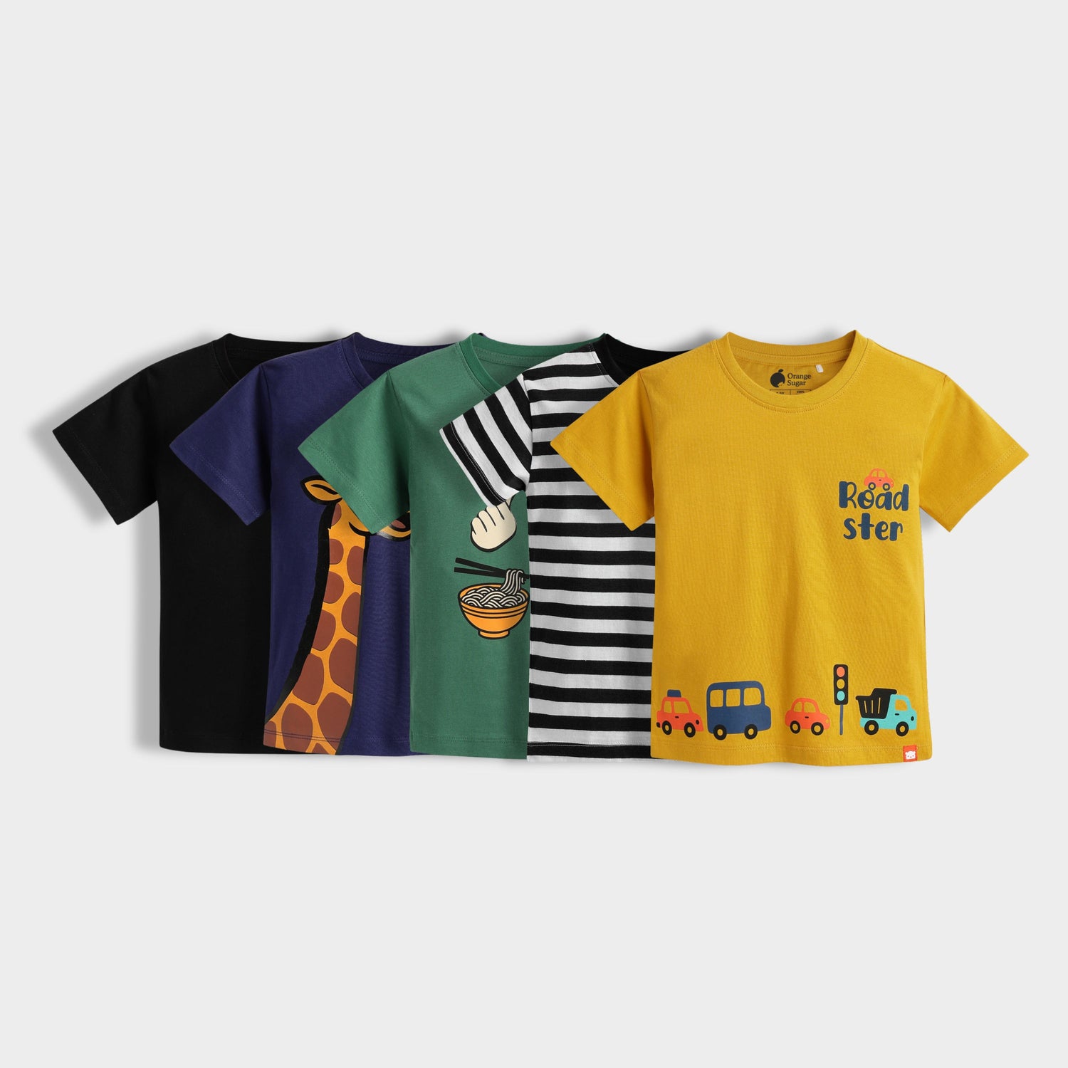 5 Pack Half Sleeves Unisex T-Shirts | Traveller, Sporty Giraffe, Korea, Black Stripes, Road Trip