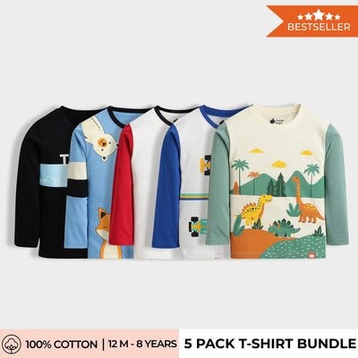 5 Pack Full Sleeves Unisex T-Shirts | Teddy, Peek A Boo, Road Runner,Racing, Dino