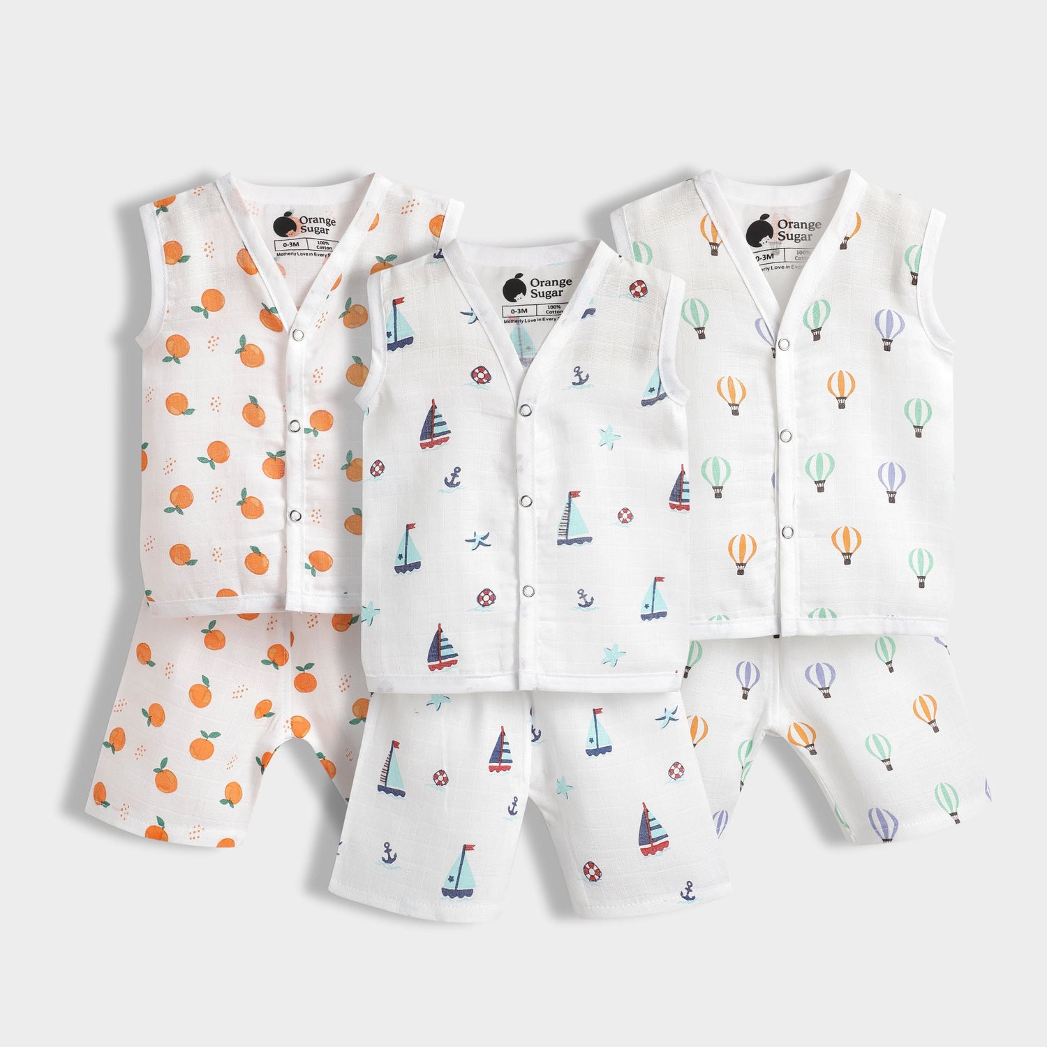 3 Pack Muslin Jhabla Co-ord Set | Sweet Oranges, Sailor, Balloon Ride