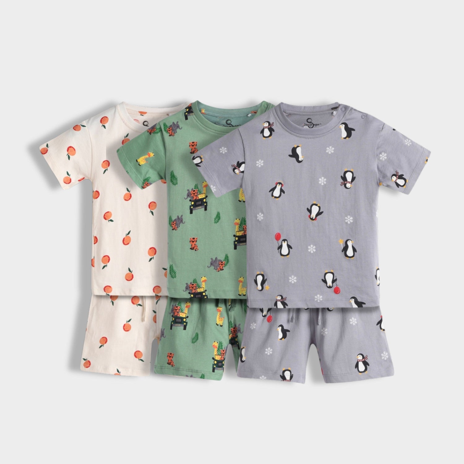 3 Pack T-Shirt & Shorts Unisex Co-ord Set | Jungle, Penguin & Orange