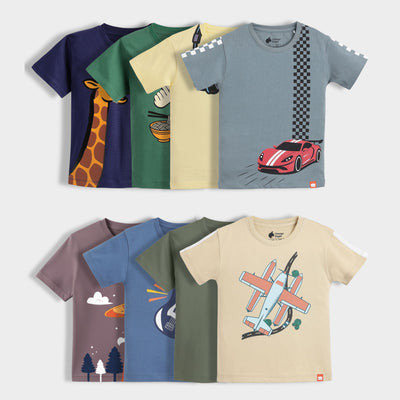 8 Pack Half Sleeves Unisex T-Shirts | Sporty Giraffe, Korea, Music Buddy, Race Day, UFO, Rockstar, Olive Green, Plane Ride
