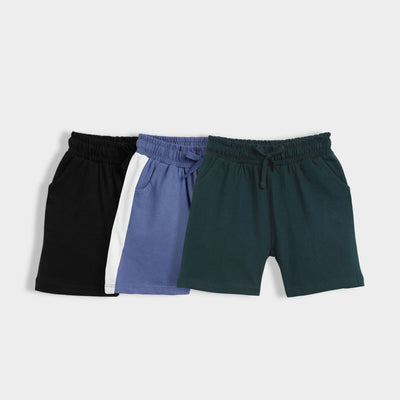 3 Pcs Cotton Shorts | Black, Indigo Blue, Bottle Green