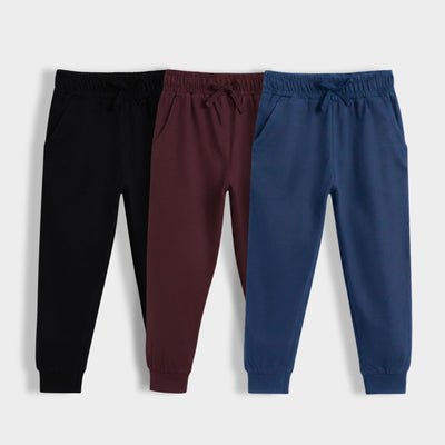 3 Pcs Cotton Joggers | Black, Wine, Blue