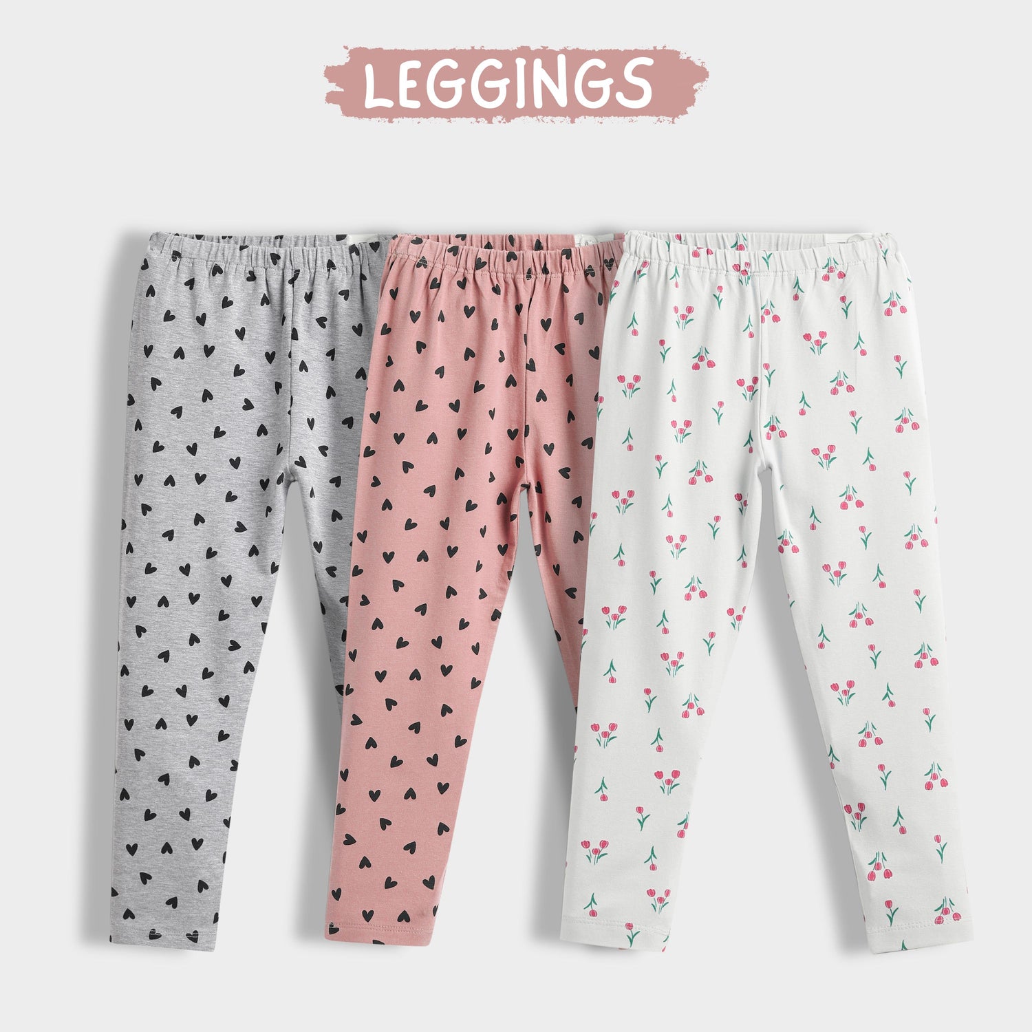 3 Pcs Leggings | Grey Hearts, Coral Pink Hearts, White Tulips