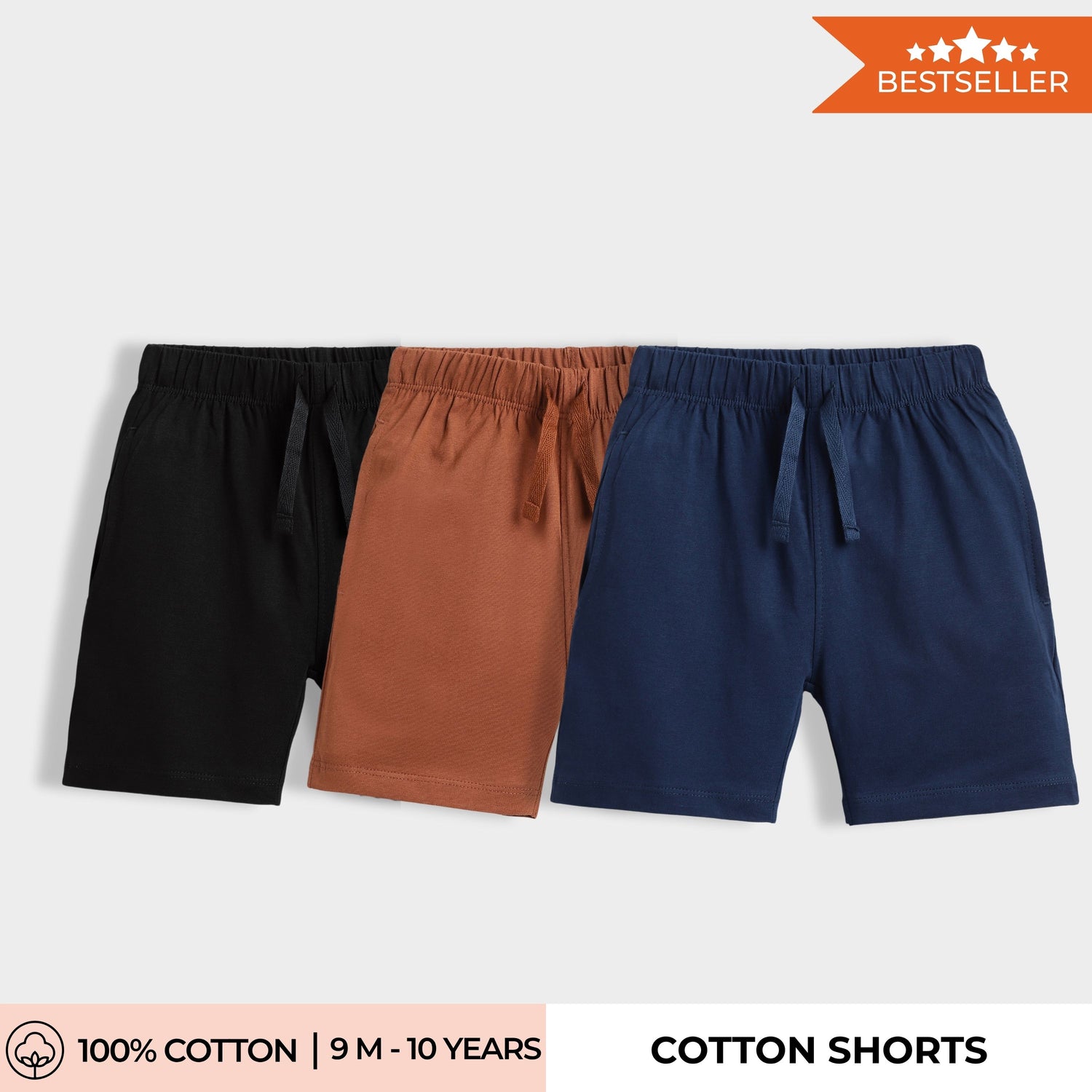 3 Pcs Cotton Shorts | Black, Brown, Blue