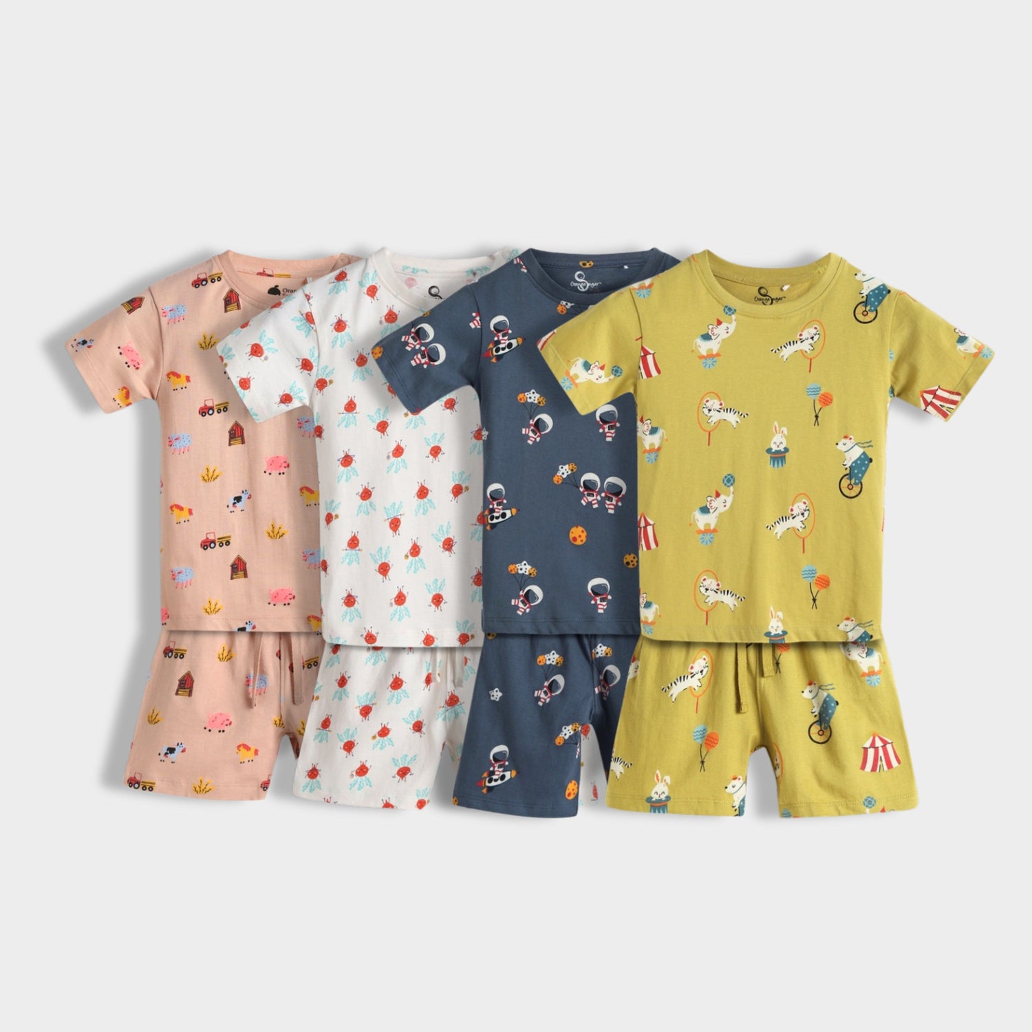 4 Pack T-Shirt & Shorts Unisex Co-ord Set | Farm, Beetroot, Space, Circus