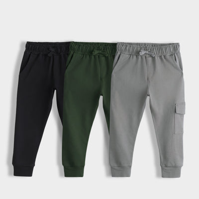 3 Pcs Interlock Joggers | Black, Dark Olive, Grey