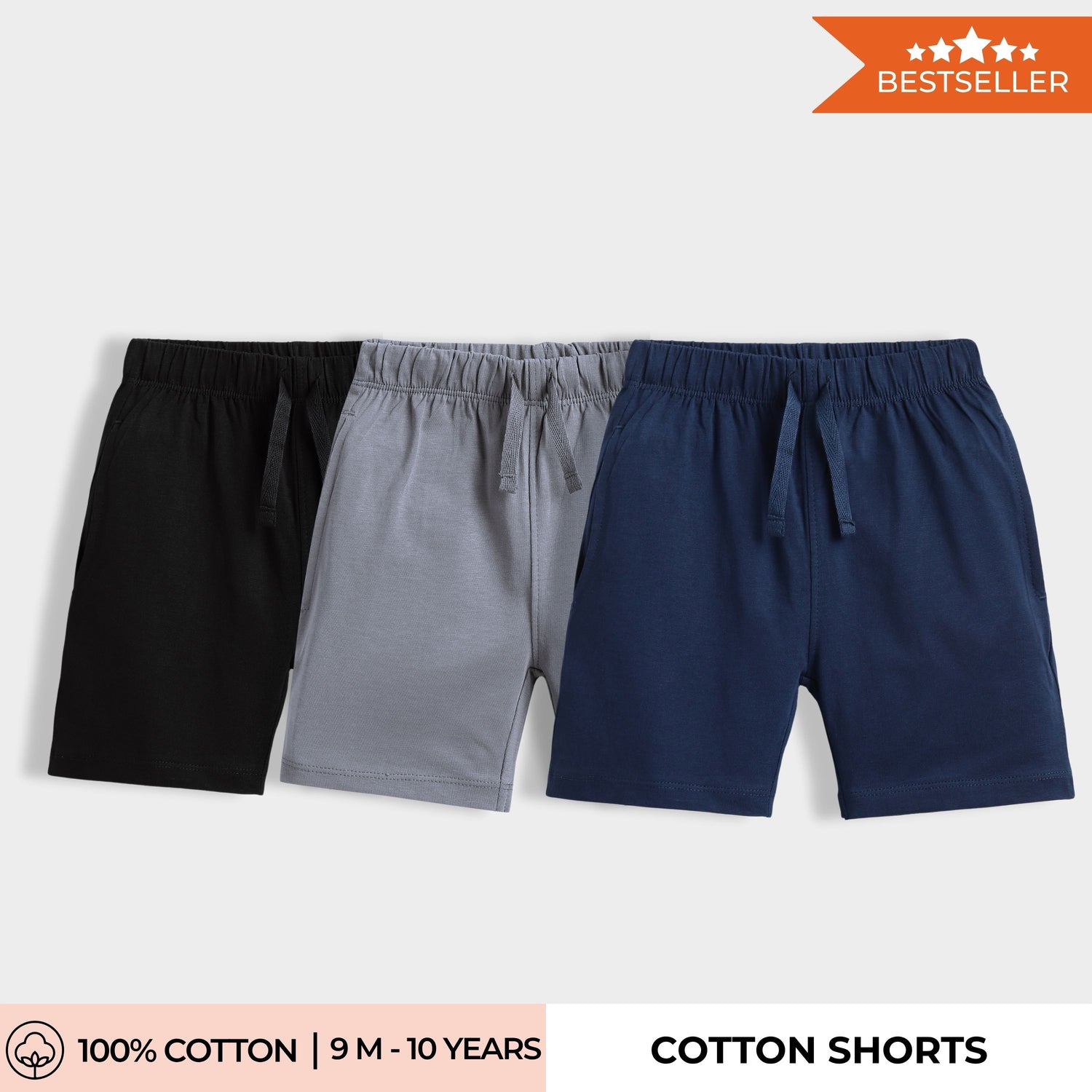 3 Pcs Cotton Shorts | Black, Grey, Blue