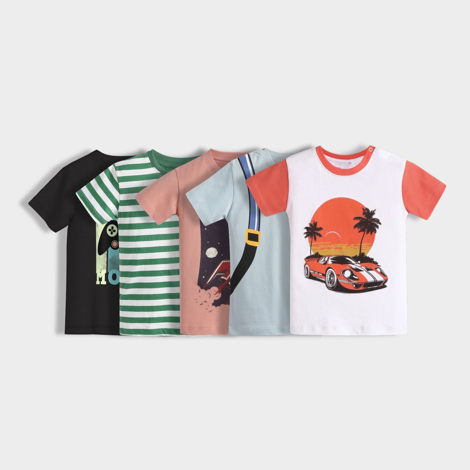 5 Pack Half Sleeves Unisex T-Shirts | Game Mode, Green Stripes, Rocket, Back Pack, Car Ride