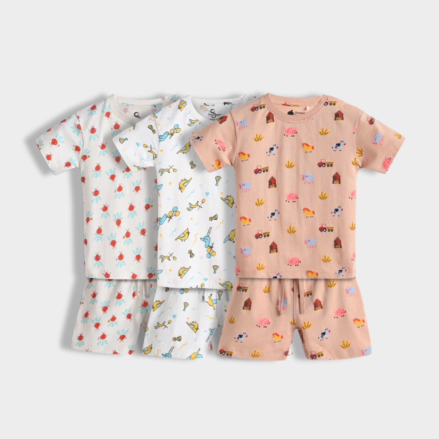 3 Pack T-Shirt & Shorts Unisex Co-ord Set | Beetroot, Bird, Farm