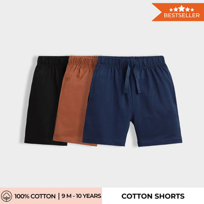 3 Pcs Cotton Shorts | Black, Brown, Blue