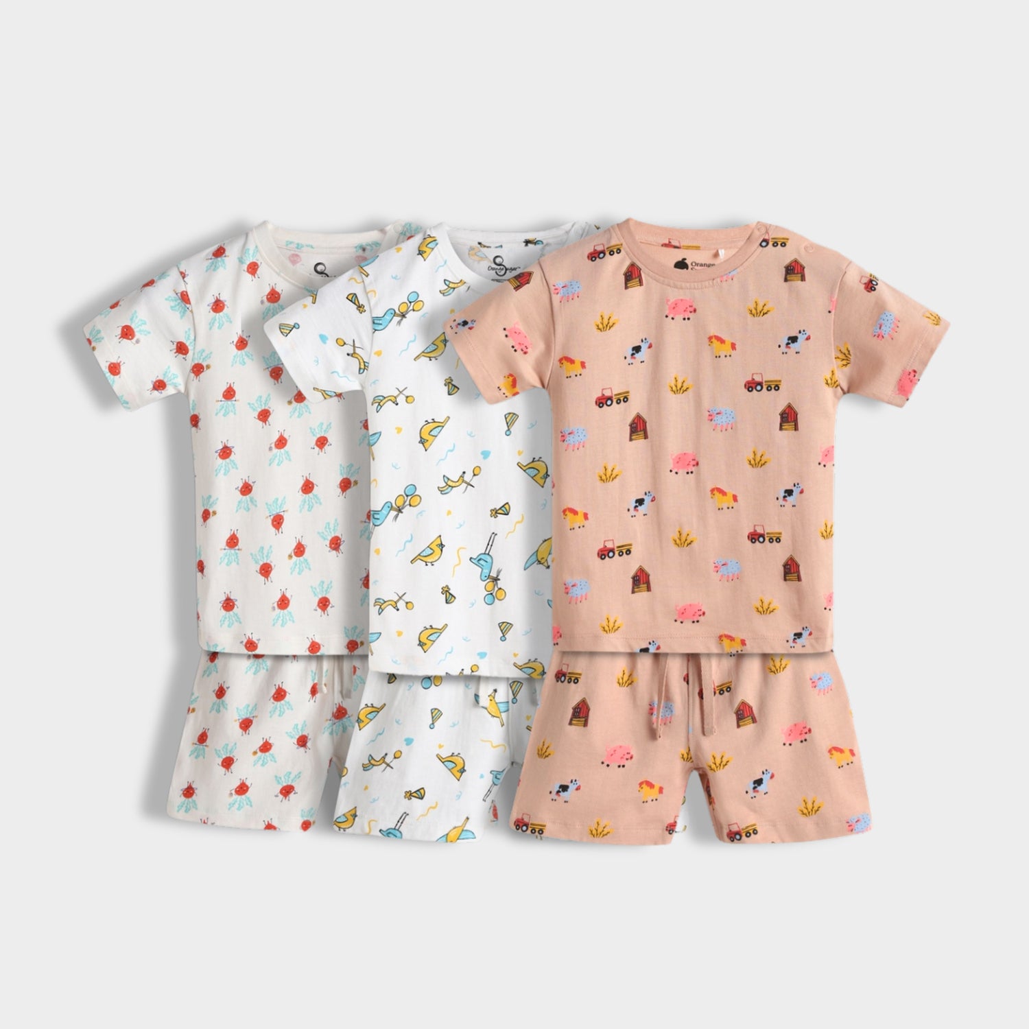 3 Pack T-Shirt & Shorts Unisex Co-ord Set | Beetroot, Bird, Farm