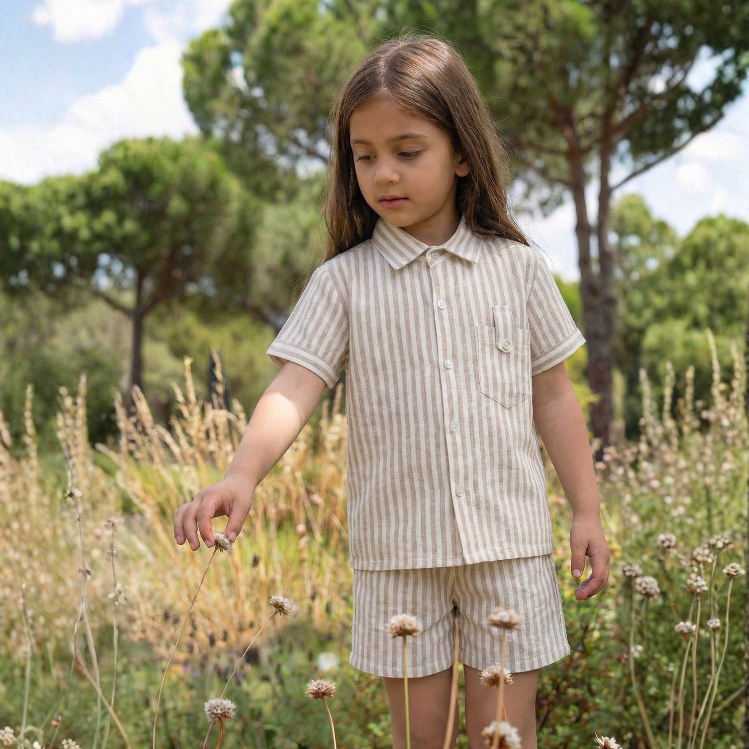 Half Sleeves Unisex Cotton Linen Shirt & Shorts Co-ord Set | Sand Dune stripes