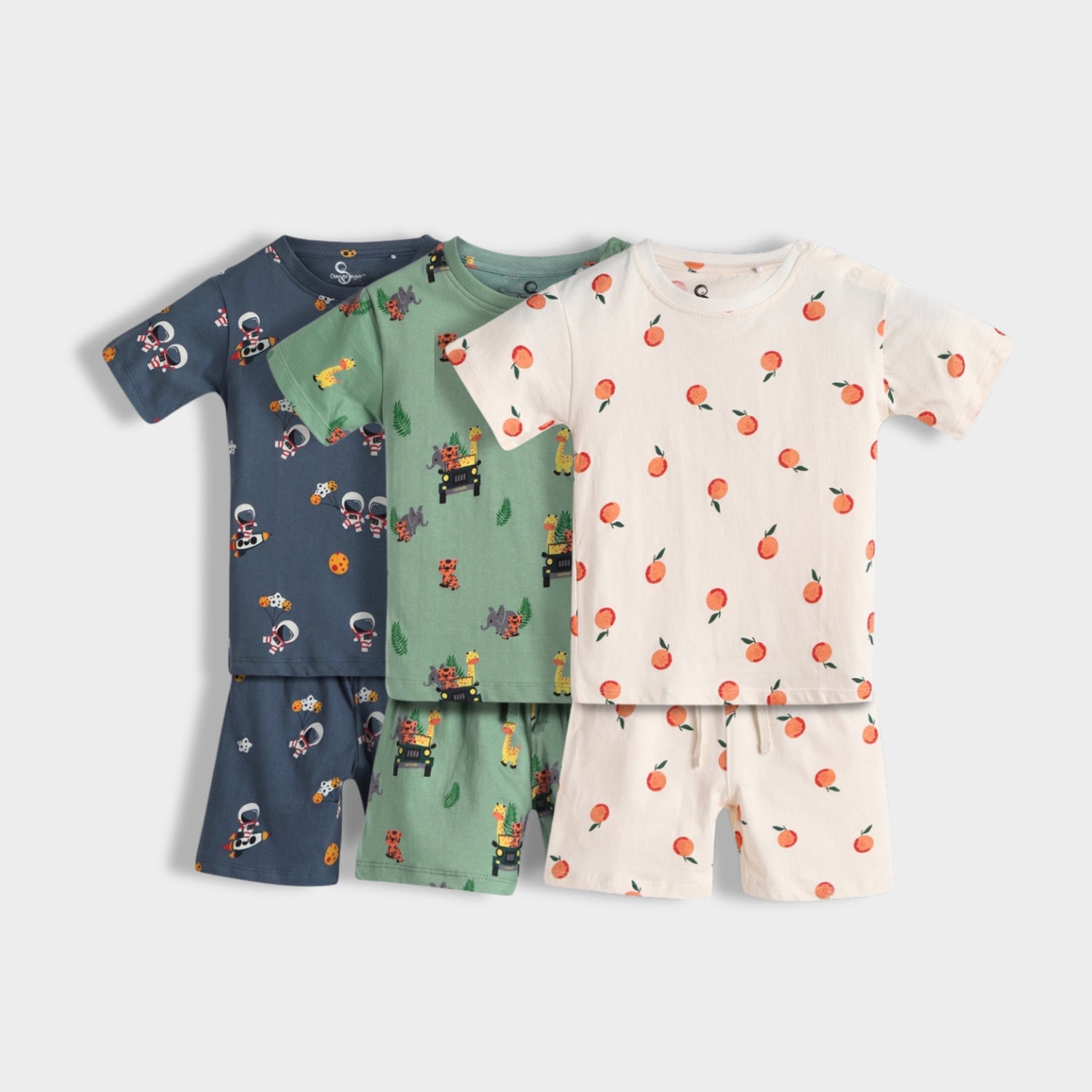 3 Pack T-Shirt & Shorts Unisex Co-ord Set | Jungle, Space & Orange