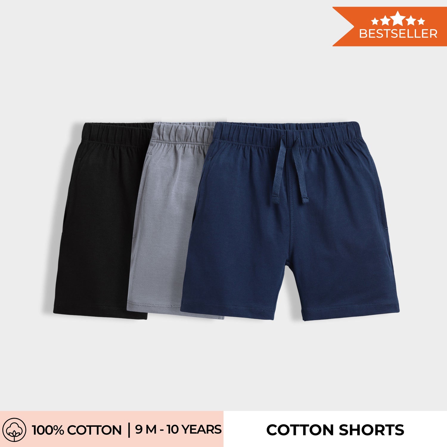 3 Pcs Cotton Shorts | Black, Grey, Blue