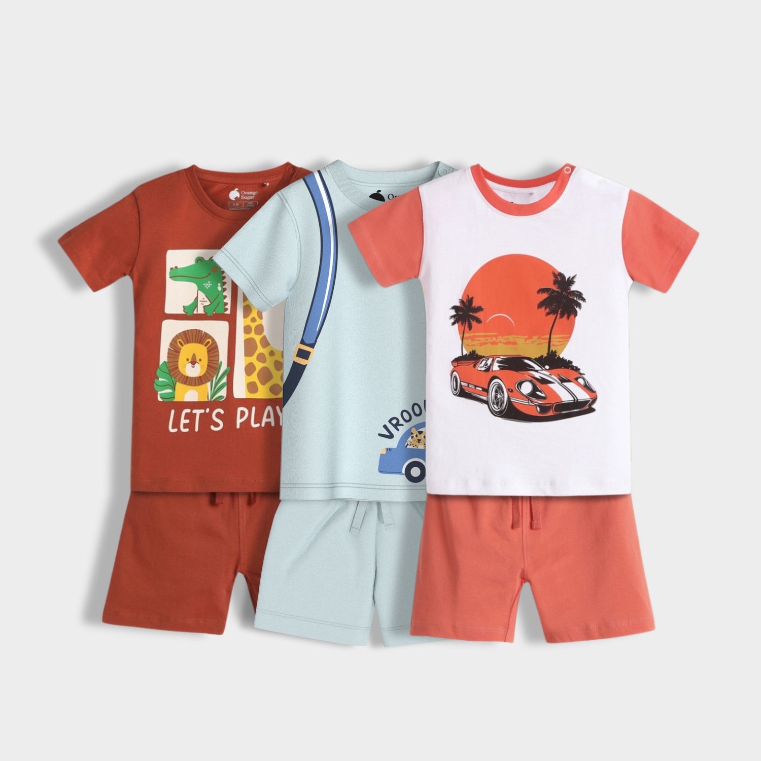 3 Pack T-Shirt & Shorts Unisex Co-ord Set | Zoo, Back Pack, Car Ride