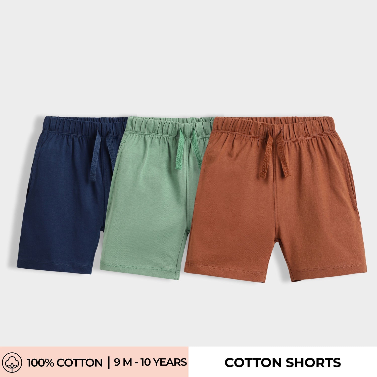 3 Pcs Cotton Shorts | Blue, Green, Brown
