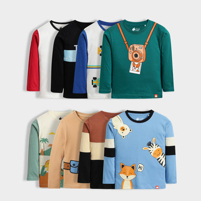 8 Pack Full Sleeves Unisex T-Shirts | Peek A Boo, Colour Block, Dino, Teddy, Camera, Space, Racing