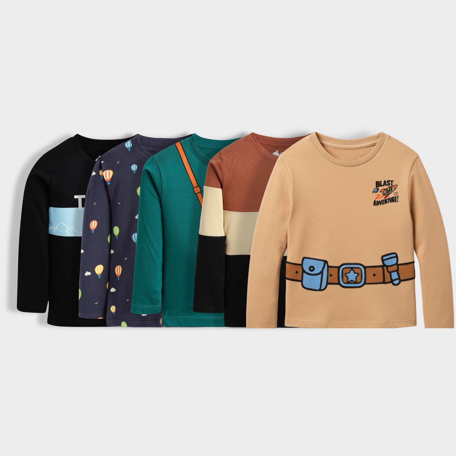 5 Pack Full Sleeves Unisex T-Shirts | Colour Block ,Teddy, Camera, Space Ship,Balloon