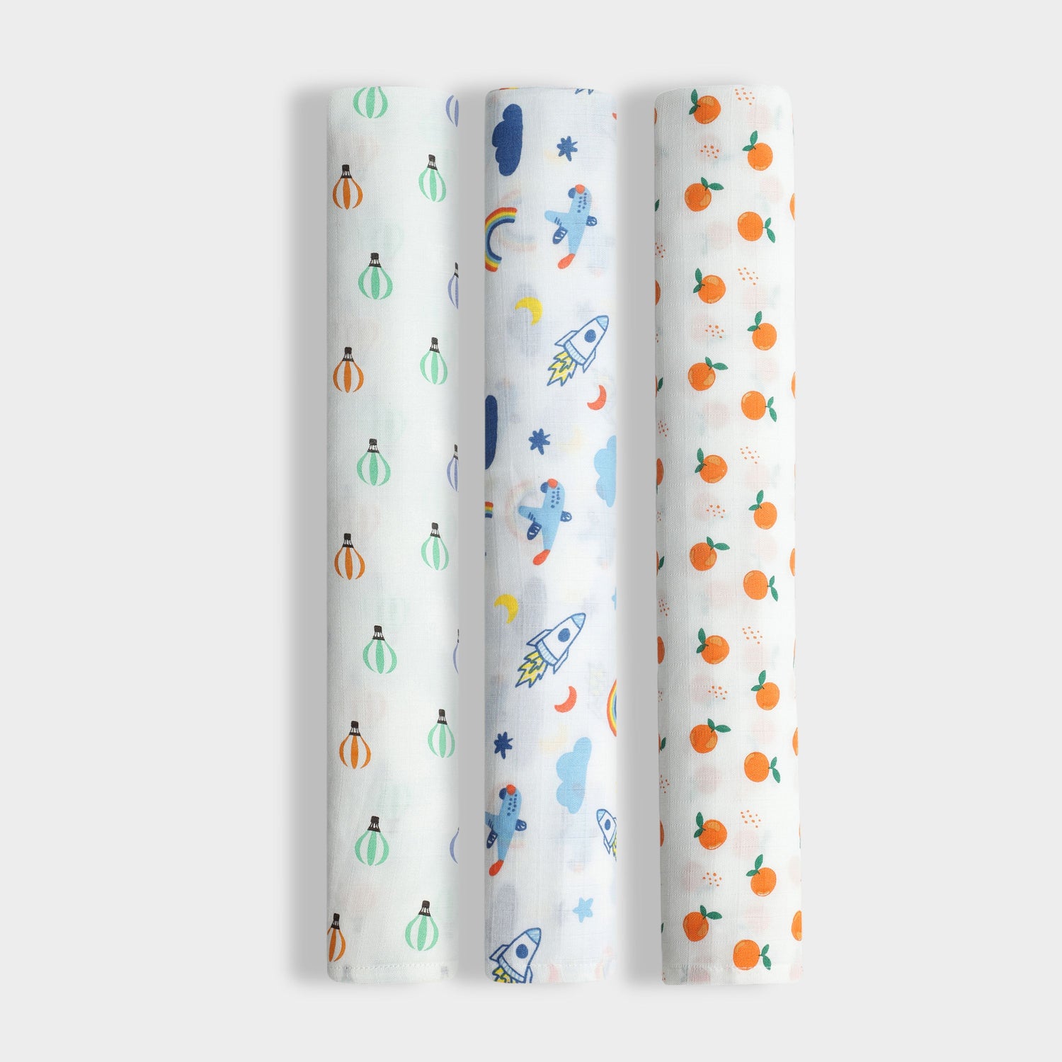 3 Pack Muslin Swaddle | Balloon Ride, Starry, Sweet Oranges