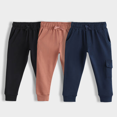 3 Pcs Interlock Joggers | Black, Honey Brown, Blue