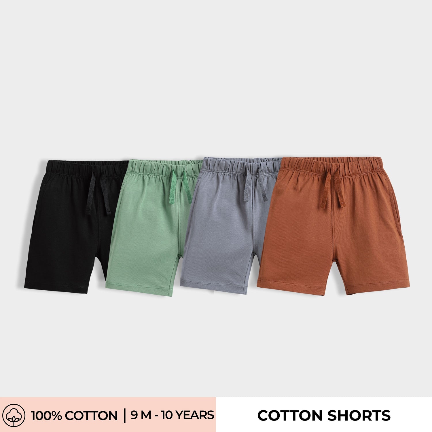 4 Pcs Cotton Shorts | Black, Grey, Brown, Green