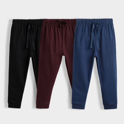3 Pcs Cotton Joggers | Black, Wine, Blue