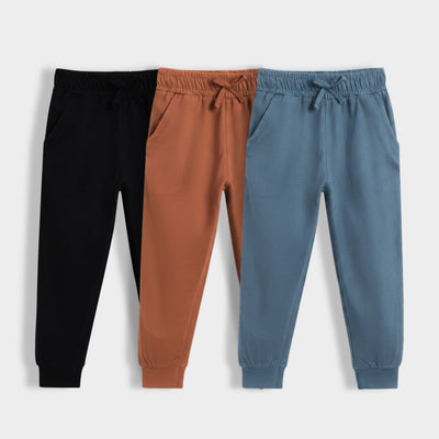 3 Pcs Cotton Joggers | Black, Brown, Air Force Blue