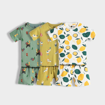 3 Pack T-Shirt & Shorts Unisex Co-ord Set | Lemon, Circus, Jungle