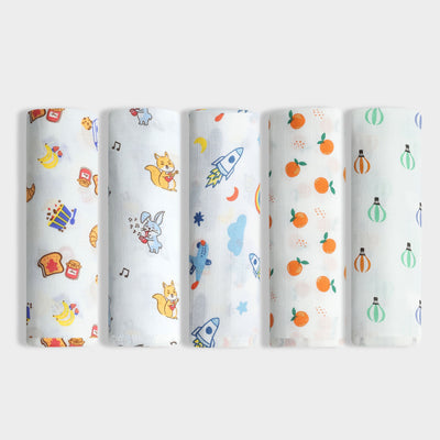 5 Pack Muslin Swaddle | Jungle Jingles, Breakfast, Starry, Sweet Oranges, Balloon Ride