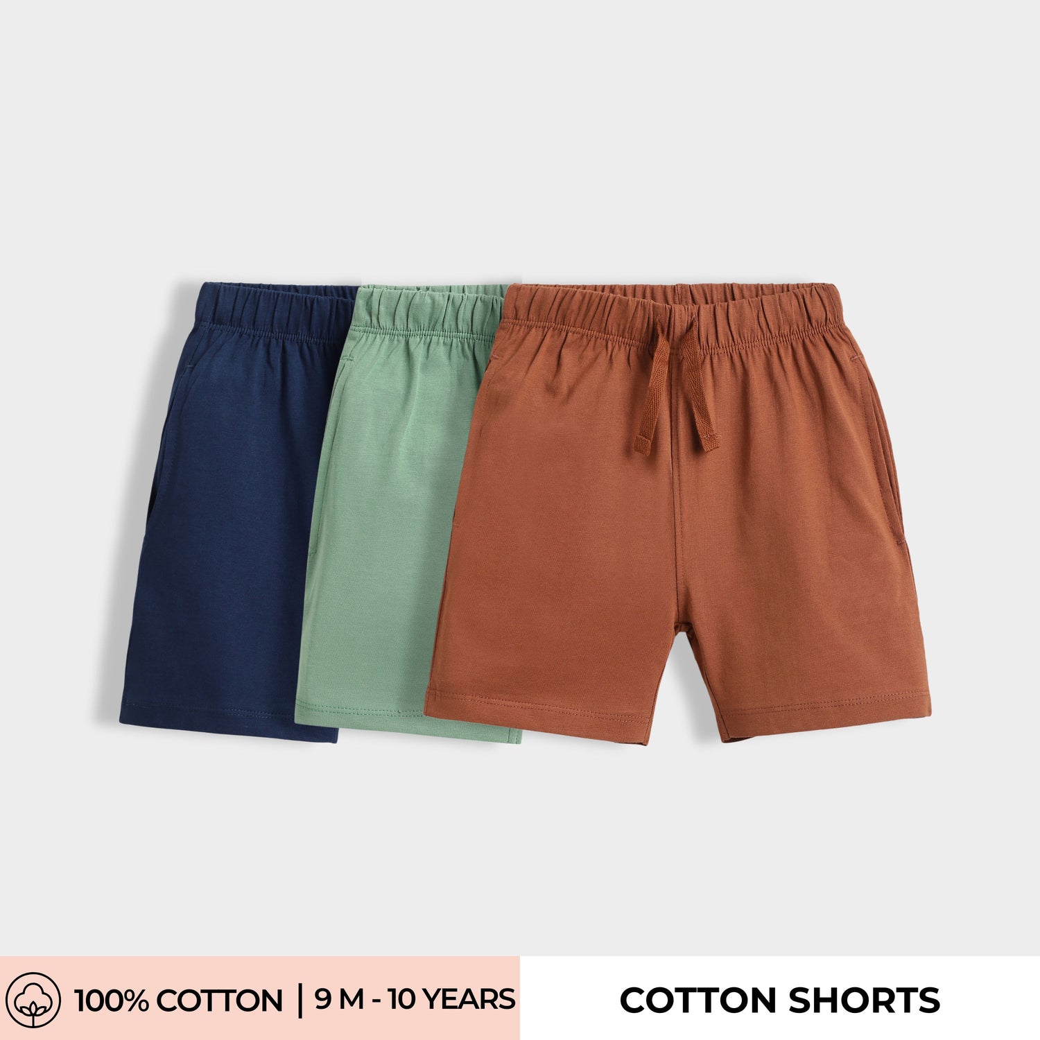 3 Pcs Cotton Shorts | Blue, Green, Brown