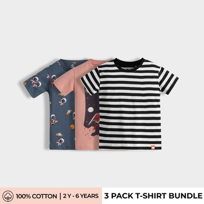 3 Pack Half Sleeves Unisex T-Shirts | Space, Rocket, Black Stripes