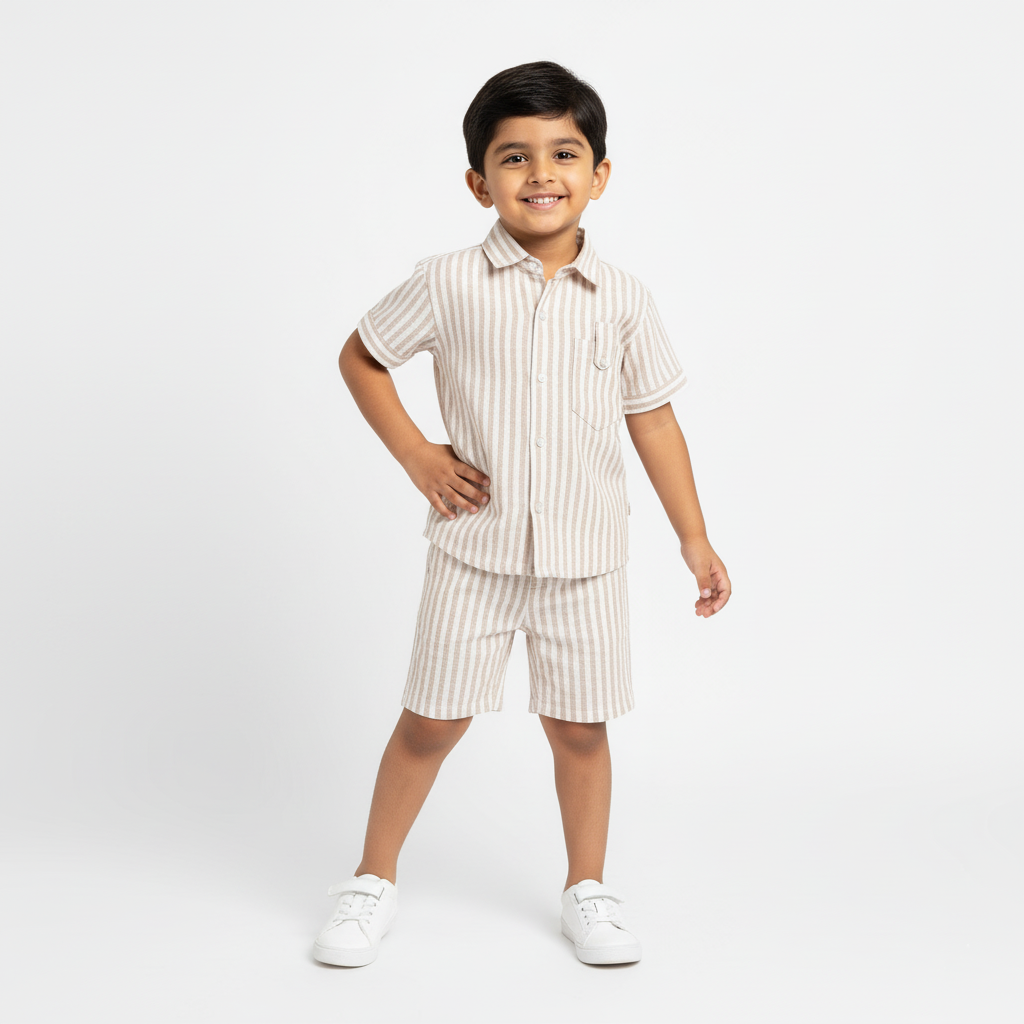 Half Sleeves Unisex Cotton Linen Shirt & Shorts Co-ord Set | Sand Dune stripes