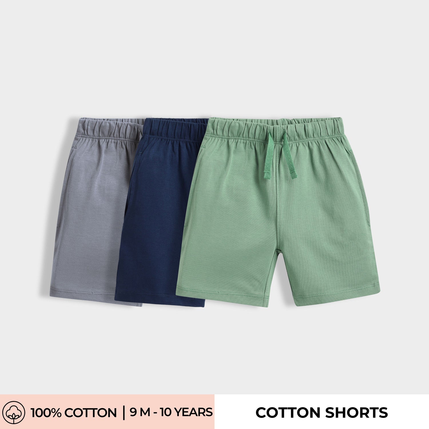 3 Pcs Cotton Shorts | Grey, Blue, Green