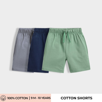 3 Pcs Cotton Shorts | Grey, Blue, Green