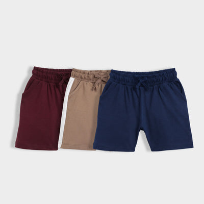 3 Pcs Cotton Shorts | Wine, Biscuit Brown, Royal Blue