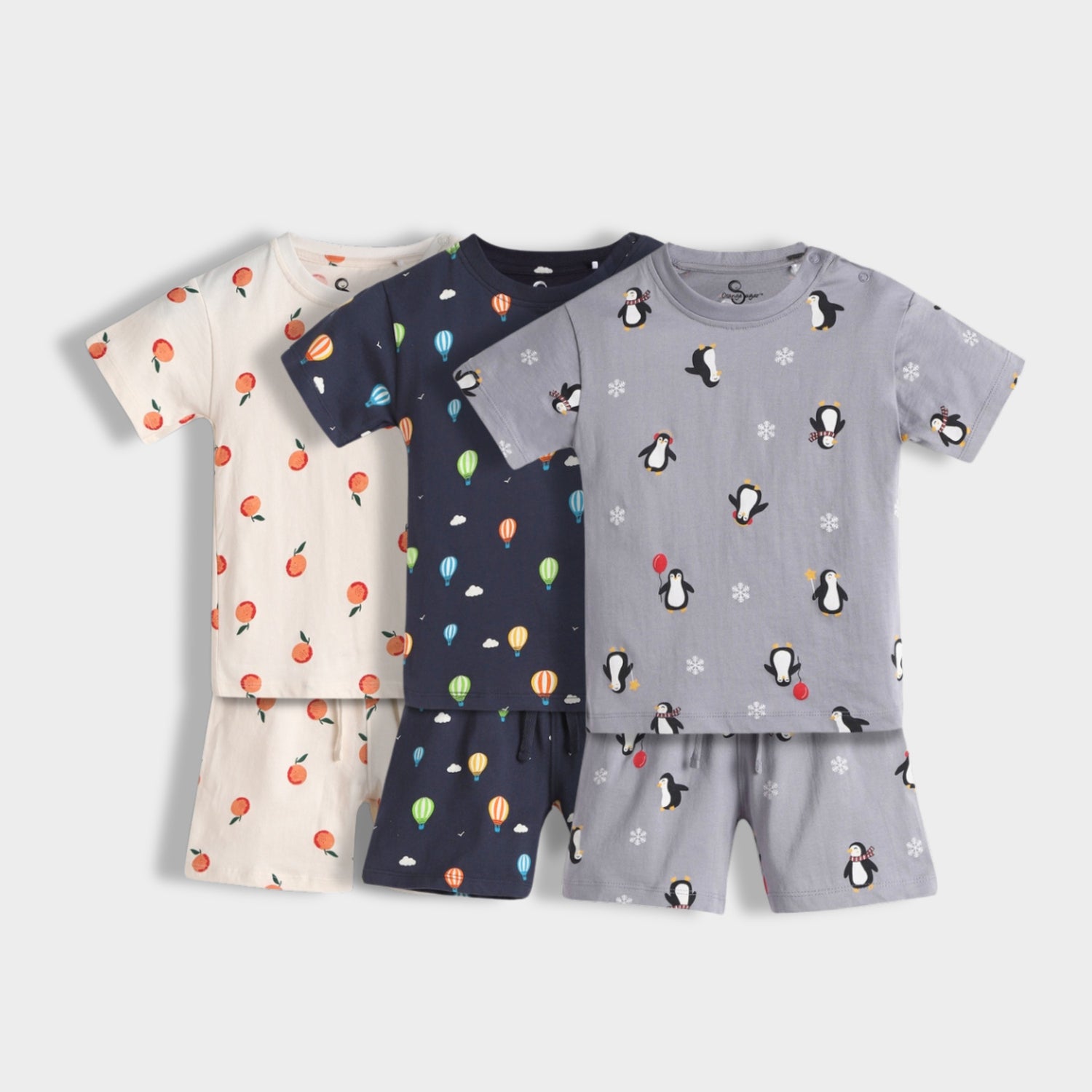 3 Pack T-Shirt & Shorts Unisex Co-ord Set | Oranges, Penguin & Hot Air
