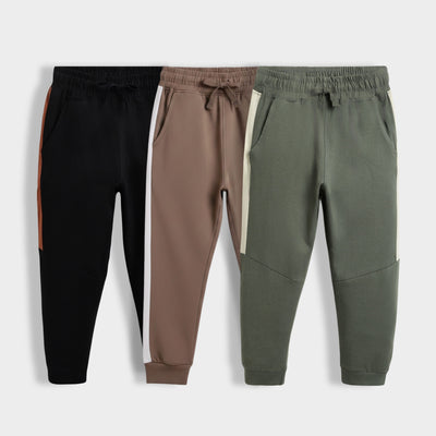 3 Pcs Cotton Joggers | Colour Block Black, Biscuit Brown,Colour Block Olive