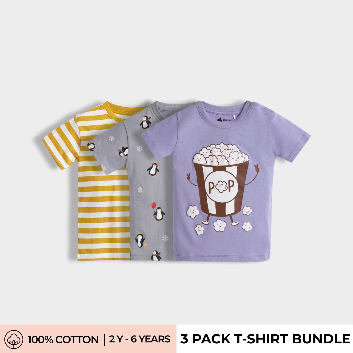 3 Pack Half Sleeves Unisex T-Shirts | Yellow Stripes, Penguin, Popcorn