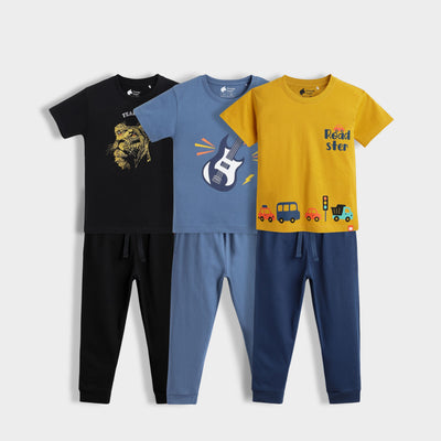3 Pack Half Sleeves Unisex T-Shirt & Joggers Set | Fearless Lion, Little Rockstar, Road Trip