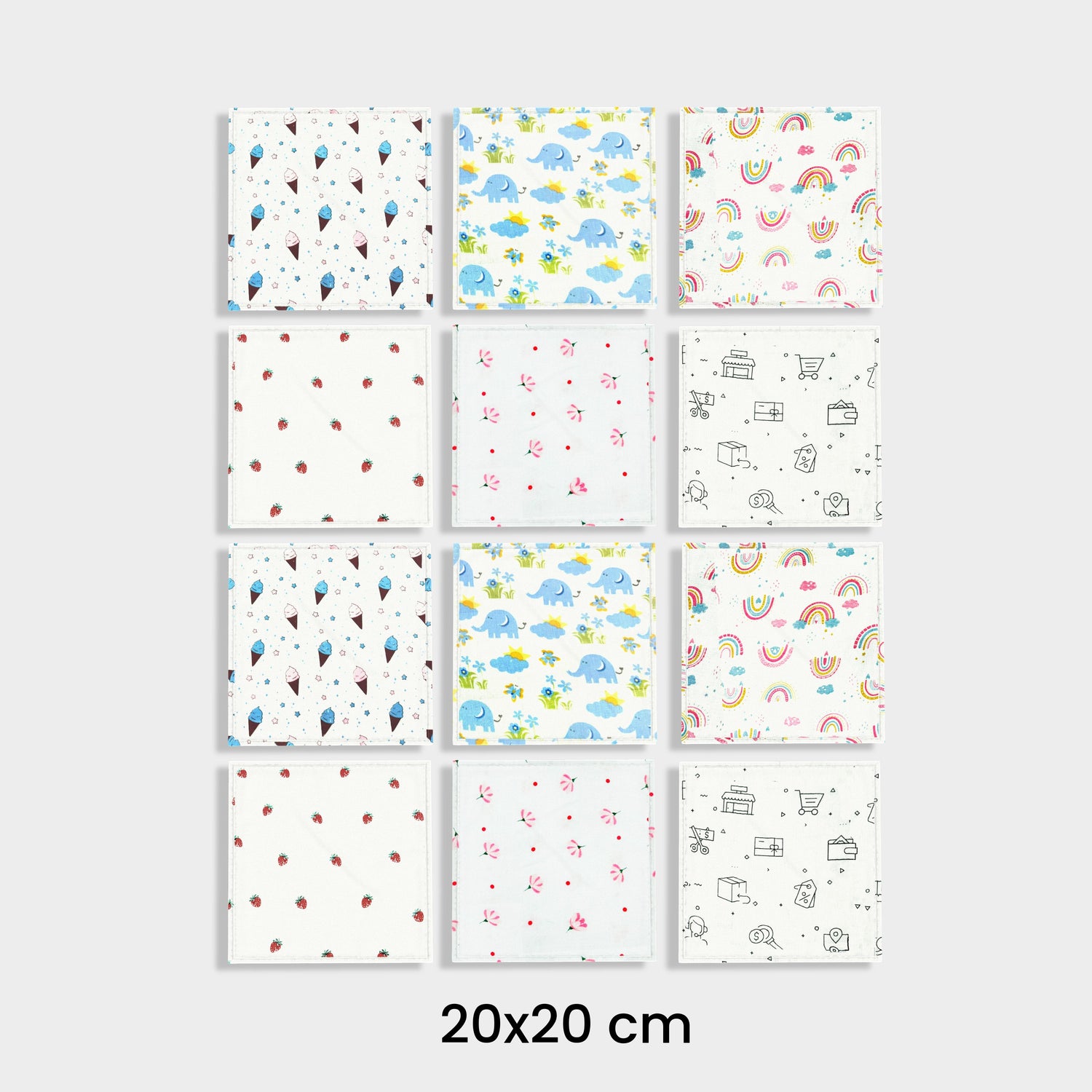 12 Pack Muslin Napkin | Ice, Elephant, Rainbow, Strawberry, Flower, Truck