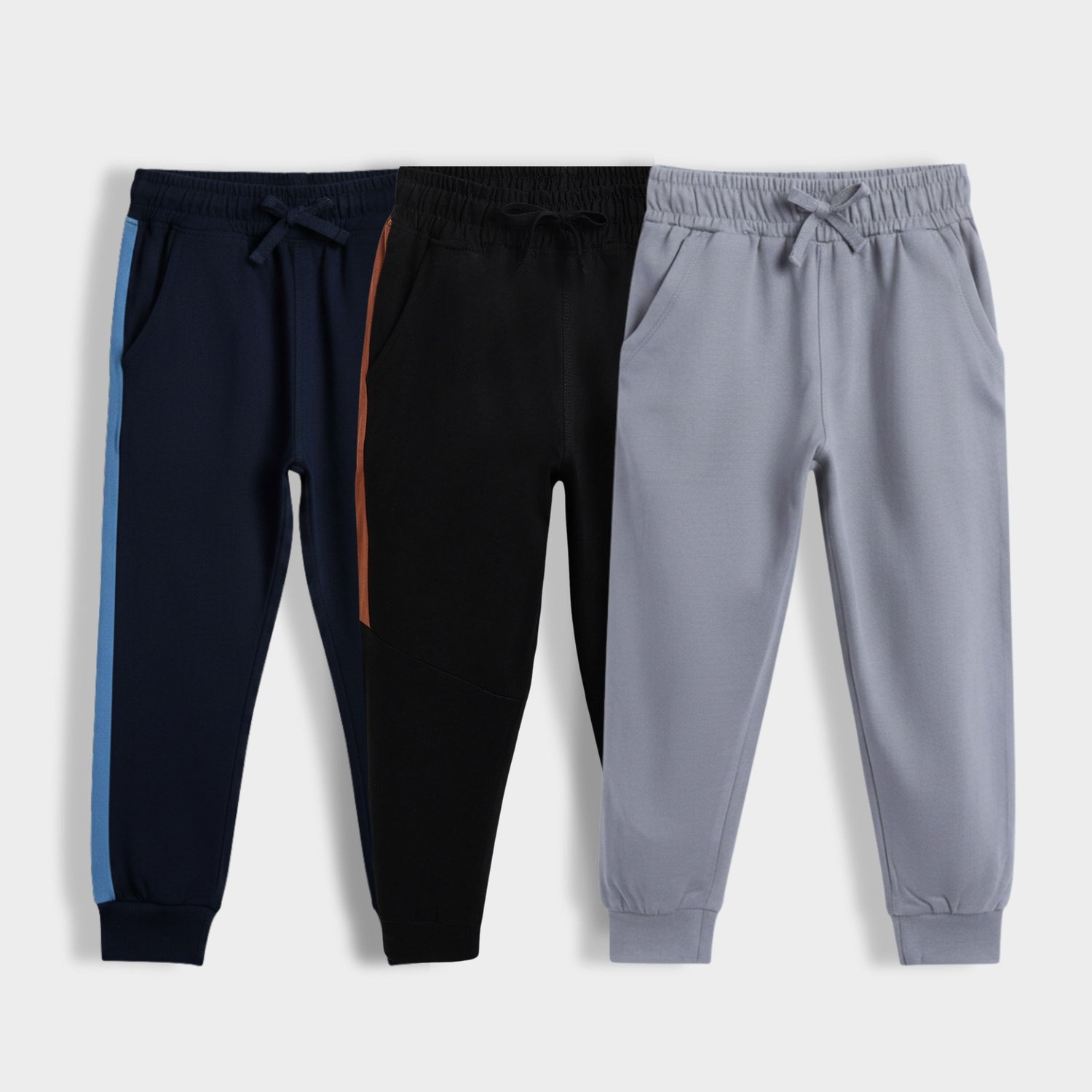 3 Pcs Cotton Joggers | Colour Block Blue, Colour Block Black, Grey