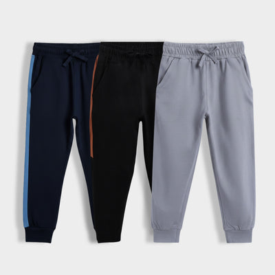 3 Pcs Cotton Joggers | Colour Block Blue, Colour Block Black, Grey