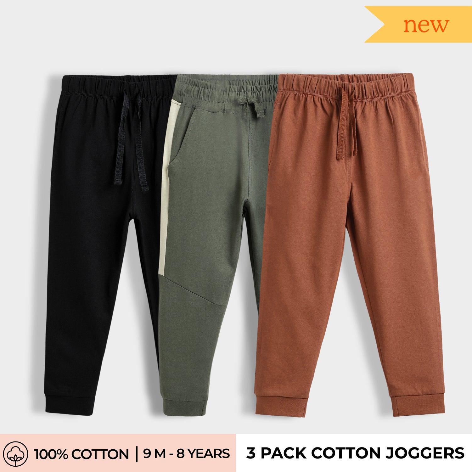 3 Pcs Cotton Joggers | Black, Colour Block Olive, Brown