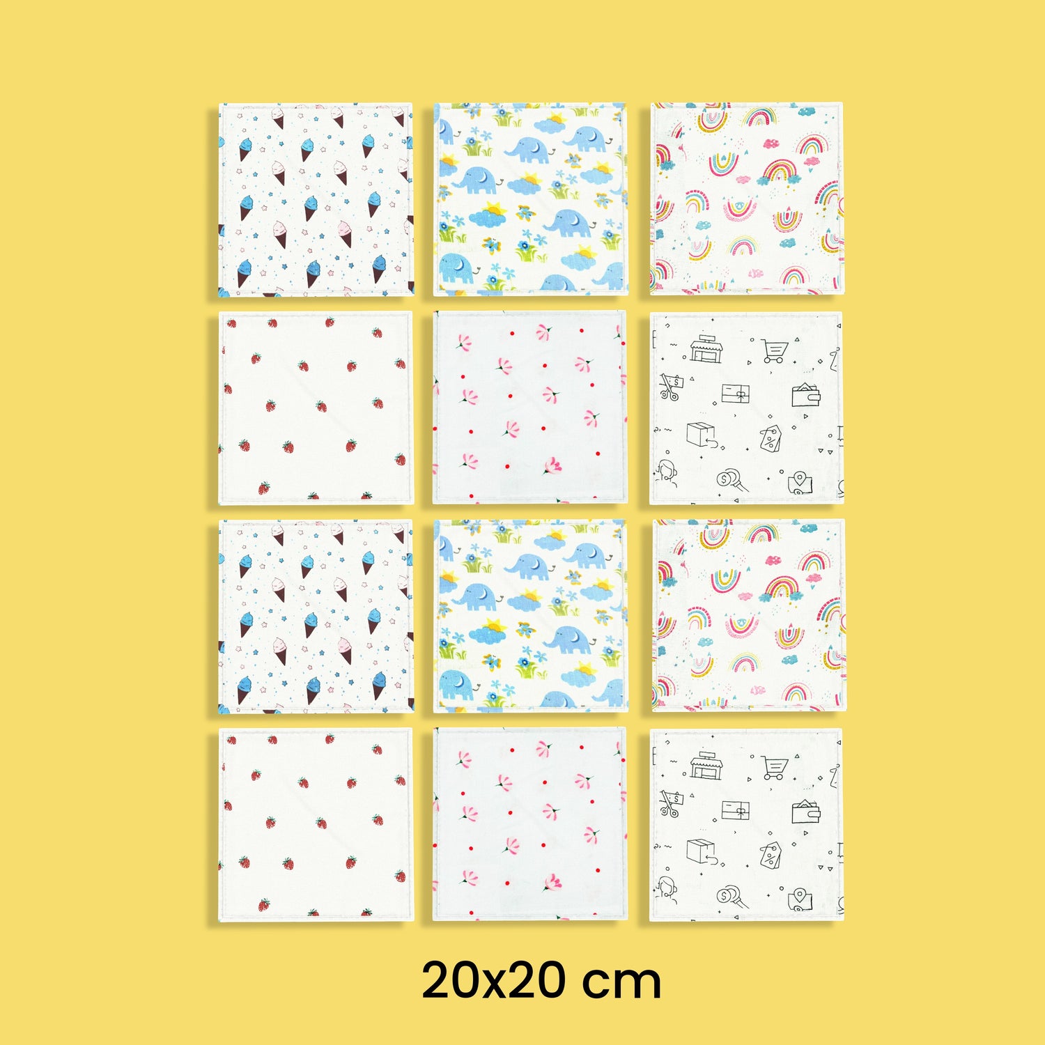 12 Pack Muslin Napkin | Ice, Elephant, Rainbow, Strawberry, Flower, Truck