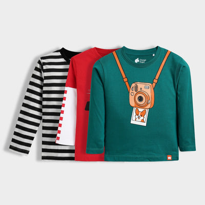3 Pack Full Sleeves Unisex T-Shirts | Black Stripes, Fast Wheels, Mini Camera