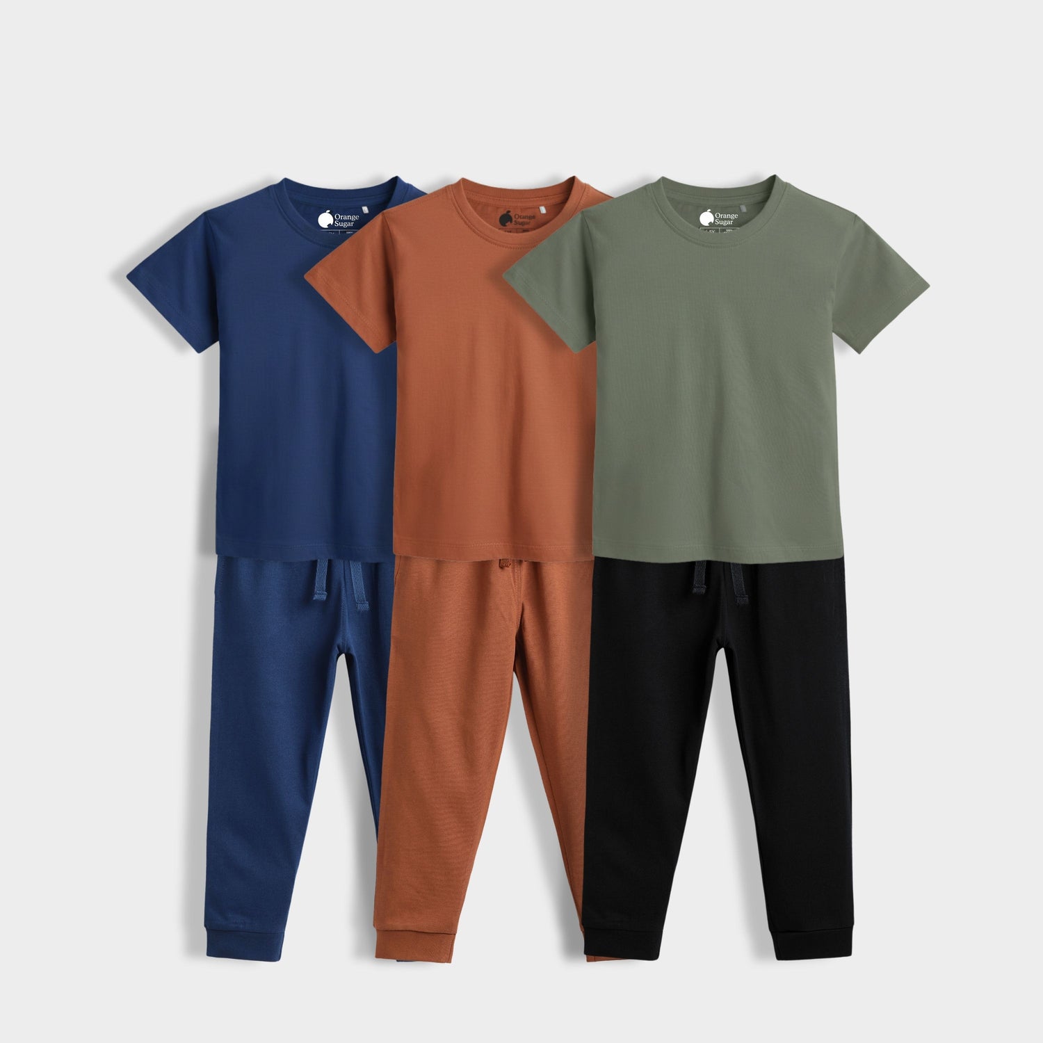 3 Pack Half Sleeves Unisex T-Shirt & Joggers Set | Brown, Olive Green, Royal Blue