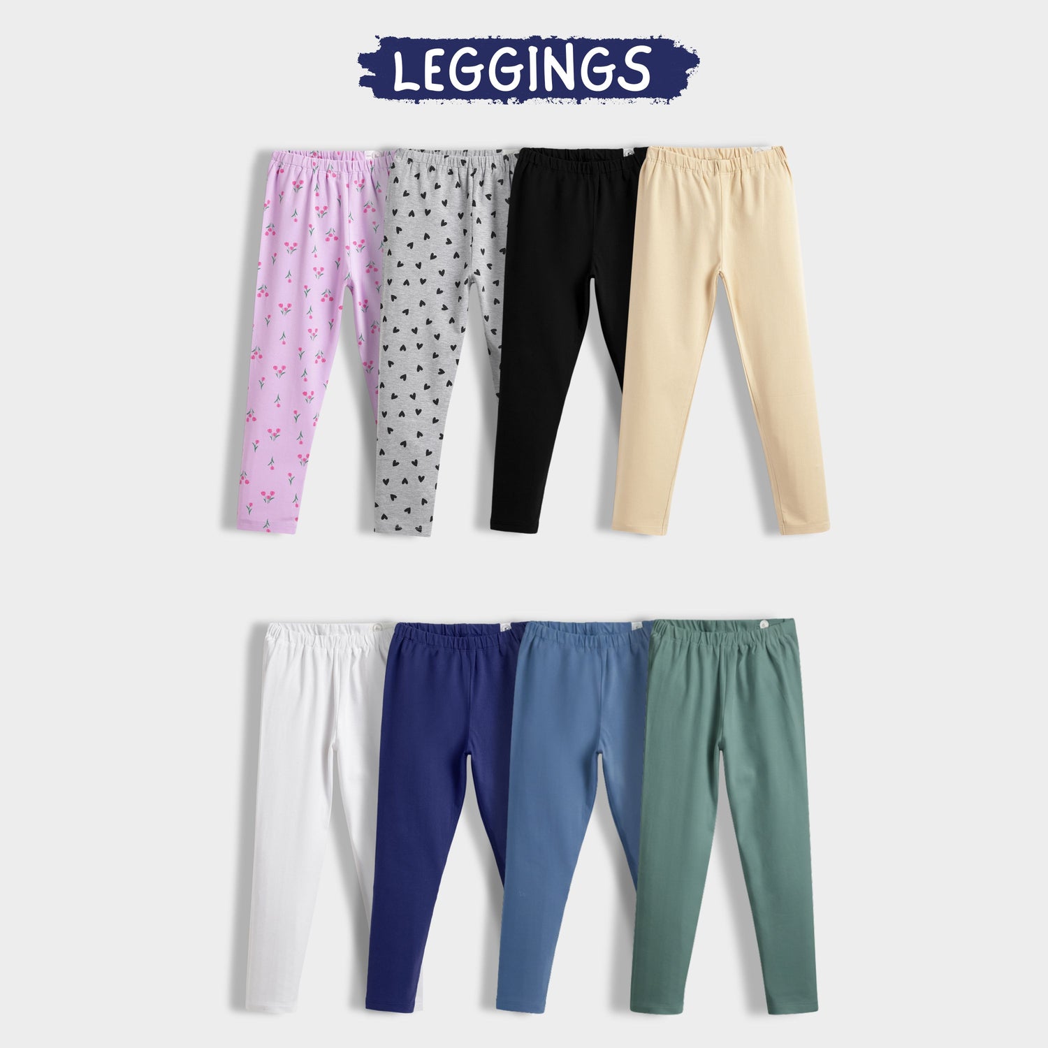 8 Pcs Leggings | Air Force Blue, Beige, Black, Green, Grey Hearts, Light Lavender Tulips, Royal Blue, White